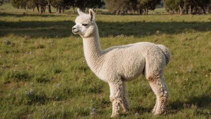 Naklejka premium Adorable White Alpaca Standing Gracefully in a Lush Green Field on a Sunny Day.