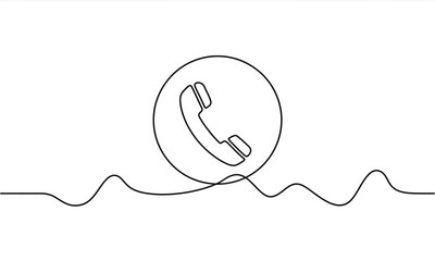 Continuous line art drawing of a telephone handset icon and sound wave pattern