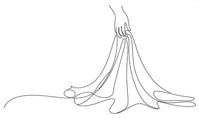 Continuous line drawing of a hand holding and lifting elegant flowing fabric