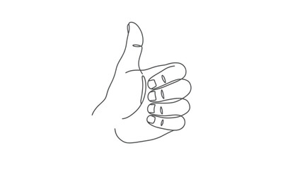 Continuous line drawing of a human hand making the thumbs up symbol on a white background