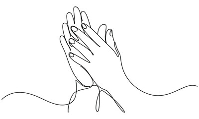 Continuous line drawing of hands in a praying or clapping gesture on a white background