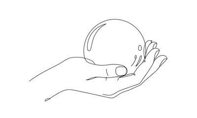 Minimalist continuous line drawing of a human hand cupping a perfect sphere on a white background