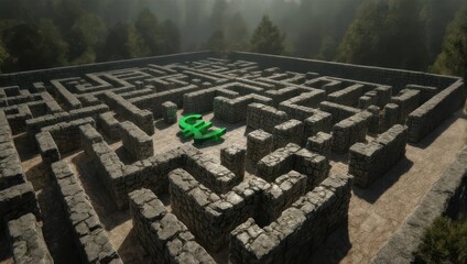 Aerial View of a Stone Maze with Green Object in Center.