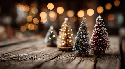 Festive Golden Christmas Trees and Red Baubles on Wooden Table, Night Ambiance with Bokeh on Dark Brown Background, New Year Winter Holiday