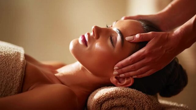 Young woman receiving a relaxing head massage at a spa while lying comfortably with her eyes closed.