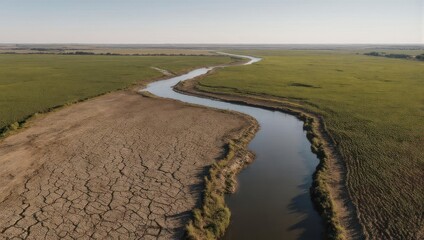 Aerial view of a river winding through a vast green landscape.