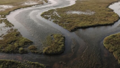 Aerial View of Winding River Through Lush Green Marshlands and Wetlands.