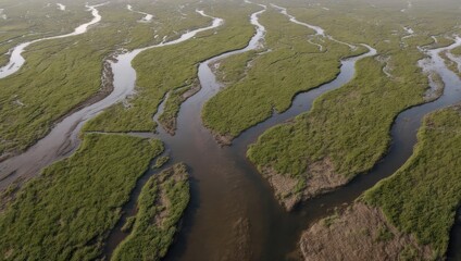Aerial View of Winding Rivers and Lush Green Marshlands.