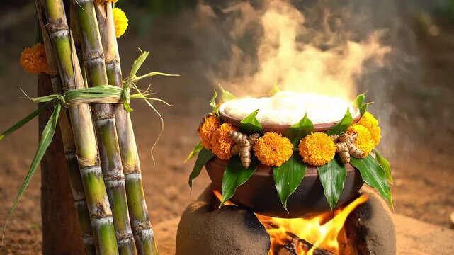 Boiling Sweet Pongal Rice in Earthen Pot for South Indian Harvest Festival
