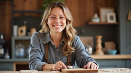 Happy female carpenter at work. 

