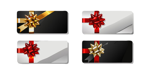 Realistic gift cards. Voucher shop card with red satin ribbon bow, bonus certificate luxury store present silver gold black coupon design discount loyalty 3d vector illustration .vector icon