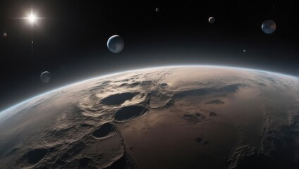 Alien planet with multiple moons orbiting a distant sun in deep space.
