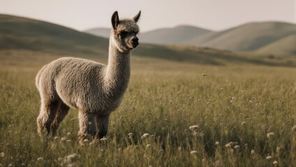 Alpaca Grazing in a Lush Green Field with Rolling Hills.