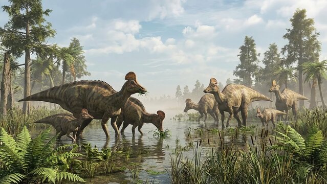 Corythosaurus dinosaurs, including adults and juveniles, are wading through a prehistoric swamp, eating plants in a lush environment with ancient trees and ferns under a partly cloudy sky