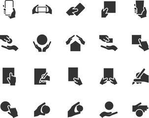 Vector set of hands hold object flat icons. Pixel perfect.