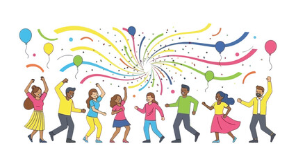 Festive Dance: A group of diverse people revel in a joyous celebration, surrounded by colorful confetti and balloons, radiating pure happiness.