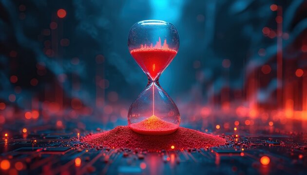 Red sand flows through a clear hourglass on a dark circuit board. Digital waveform seen in top glass. Blue and red lights, bokeh dots glow. It shows time passing, technology, data analysis, future. - Powered by Adobe