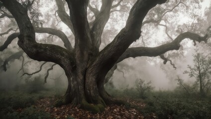 Ancient Oak Tree in a Misty Forest Landscape.