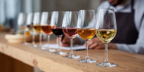 Assorted wine glasses on bar counter with background bartender writing