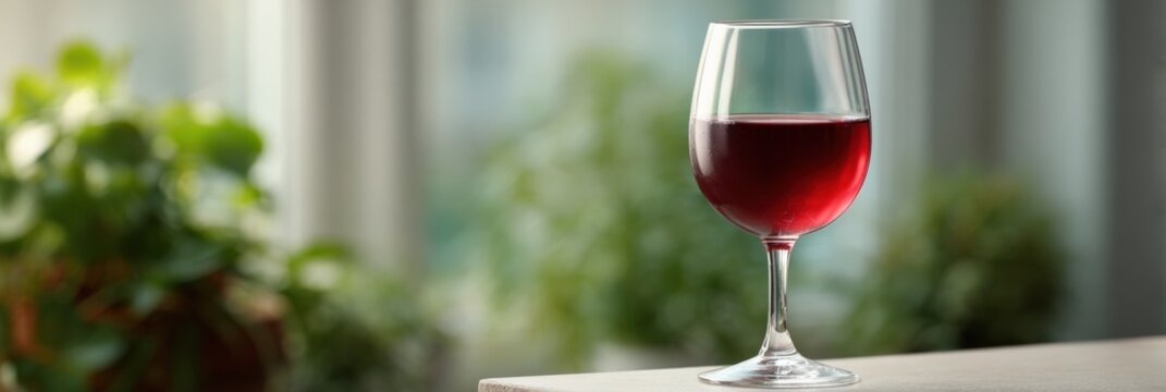 Glass of red wine on table against blurred indoor plant background - Powered by Adobe