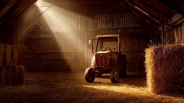 Rustic tractor parked inside a wooden barn with hay bales and warm sunlight streaming through dust creating calm rural farming atmosphere