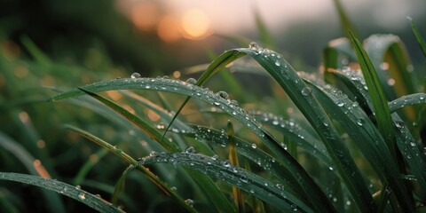 Morning dew on lush green grass blades at sunrise