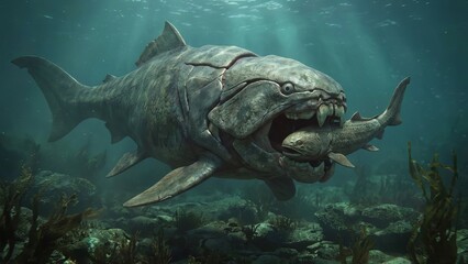 Dunkleosteus, a massive armored placoderm from the devonian period, is shown in action as a ferocious predator, actively hunting and consuming a smaller coelacanth fish in the ancient ocean