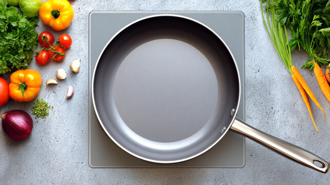 Non-stick frying pan placed on a modern cooking surface, surrounded by fresh vegetables and herbs, showcasing vibrant colors and healthy cooking ingredients - Powered by Adobe