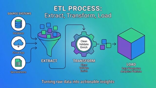 Data etl process visualizing extraction from source systems, transforming raw data for cleaning and validation, and loading into a data warehouse or analytics platform for actionable insights