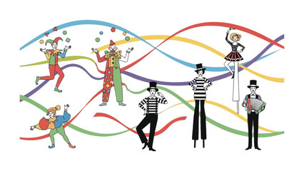 Circus performers, a captivating illustration: Capture the whimsical energy of a circus with acrobats, clowns, jugglers, and a sense of wonder.