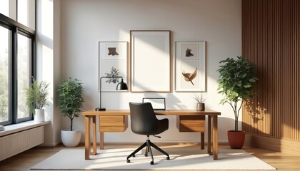 Modern home office with wooden desk, laptop and plants. Clean interior design, bright natural light, and minimalist wall art. Plenty of space for work and creativity.