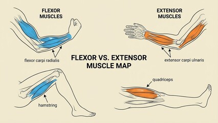 Human anatomy diagram labeling flexor and extensor muscles of arm and leg, showing tendons, joints and bones for educational, medical and fitness study of musculoskeletal movement