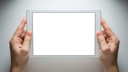 Hands holding white tablet computer with blank screen isolated on white background