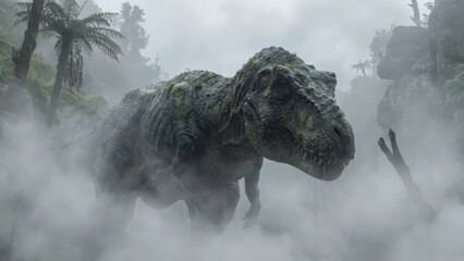Tyrannosaurus rex, a powerful prehistoric predator, blending into the dense, misty jungle environment, representing ancient mysteries and raw wilderness power
