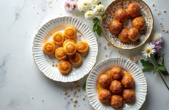 Azerbaijan holiday sweets shekerbura qogal paxlava mutaki on plates. Traditional cultural desserts decorated with flowers. Festive spring treats on table.