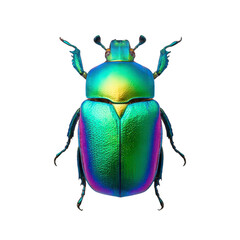 Iridescent beetle insect with metallic green blue and purple exoskeleton isolated on transparency background detailed texture symmetrical nature vibrant macro photography