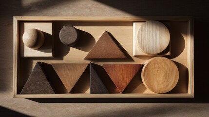 Wooden geometric shapes in natural light for design and education,Brain Teaser Month