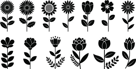 Black Silhouette Vector Collection of Simple Floral Elements: Daisies, Tulips, and Flowers on Stems