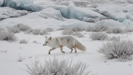 Arctic Fox Walking Through Snowy Landscape with Ice Formations.