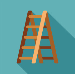 Simple wooden ladder standing against a blue wall, casting a long shadow, representing concepts of construction, diy, and reaching goals
