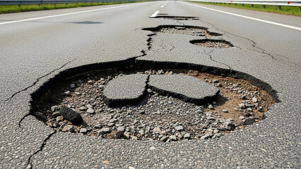 Large pothole on asphalt road surface, broken road, danger for vehicles