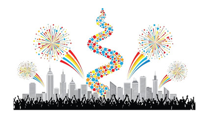 Cityscape Celebration: A silhouette of a cityscape against a colorful firework display. A vibrant illustration of a city celebrating a festive occasion.
