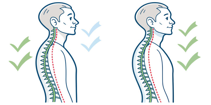 Spinal alignment comparison good posture with checkmarks