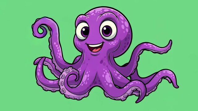 Purple cartoon octopus changes expression from happy to winking on a green screen. Animated character for chroma key effect.