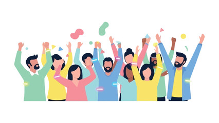 Celebration of Unity: A vibrant illustration depicts a joyful collective, their arms raised high in a moment of communal elation, the air filled with colorful confetti. 