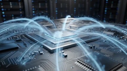Futuristic ai chip with flowing digital data streams, advanced microprocessor animation, cyber technology circuit, high-tech computing system, next-gen network energy motion - Powered by Adobe