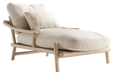 Chaise lounge sits on a transparent background. It features a teak frame and beige fabric, making it suitable for outdoor relaxation areas by pools
