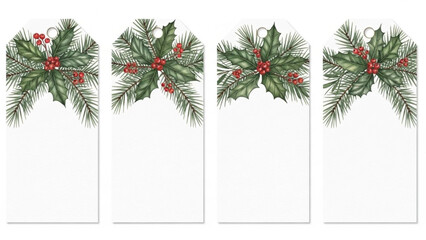 Watercolor Christmas Gift Tags with Holly Leaves Pine Branches and Red Berries, Festive Botanical Printable Label Set