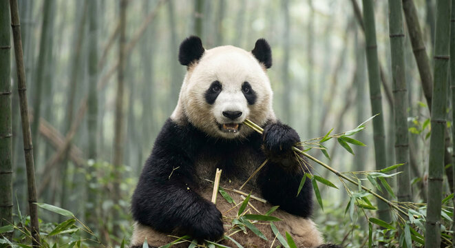 Giant panda eating bamboo in forest