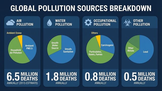 Infographic displaying a global pollution sources breakdown, illustrating annual deaths caused by air, water, occupational, and other pollution types with detailed statistics